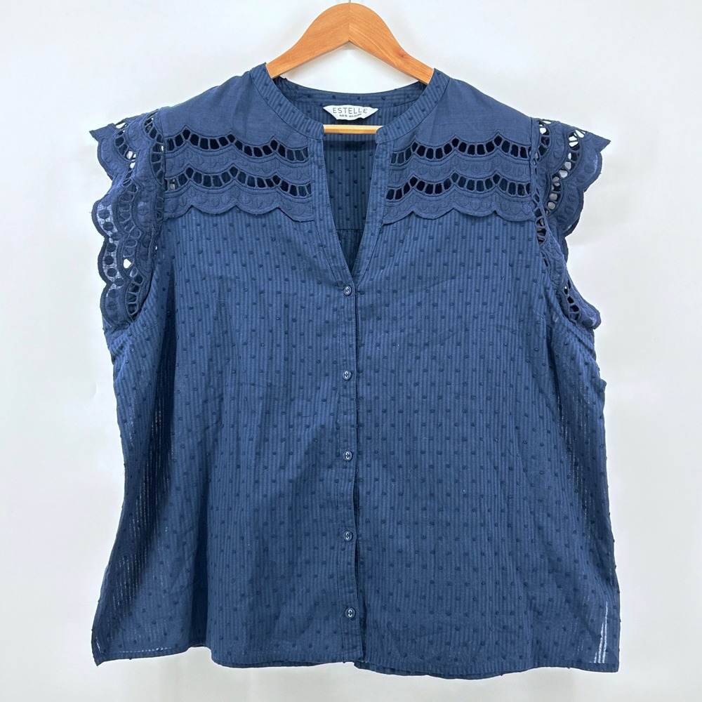 Estelle Navy Blue 2X/20W Eyelet Flutter Sleeve Button Down Blouse Top‎ Swiss Dot